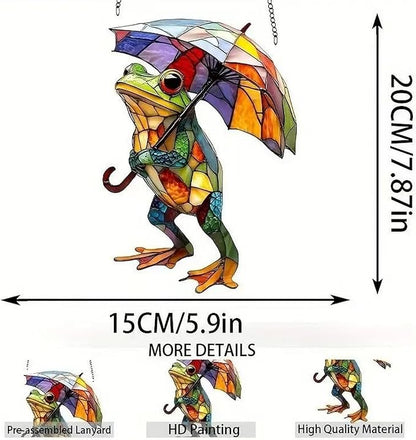 Spring Suncatcher Window Hanging with Colorful Frog Umbrella Designs Full Cover Acrylic Stained Glass Suncatchers Cute Window Decor Summer Ornament Indoor Outdoor for Home Garden Gift for Women