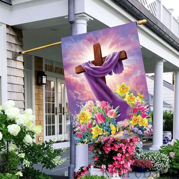 Spring Summer Easter House Flag 28x40 Inch Double Sided Large Burlap Cross Tulip Lily Flower Yard Garden Flags for Seasonal Farmhouse Outside Outdoor Decoration