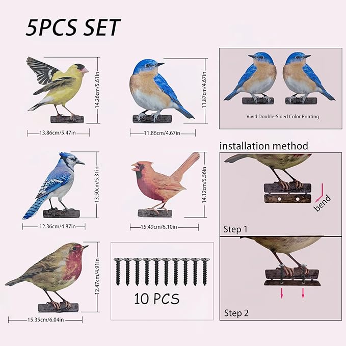5PCS Vivid Metal Birds Fence Decor, Double-Sided Printed Garden Sculptures, Outdoor Bird Wall Decor, 2D Yard Art, Garden Bird Decoration for Patio, Balcony, Lawn, Bird Lovers