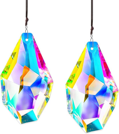 H&D HYALINE & DORA Set of 2 Crystal Sun Catcher Prisms 3.5" AB Colored Hanging Crystals for Window Rainbow Maker Prisms for Home Garden Decor