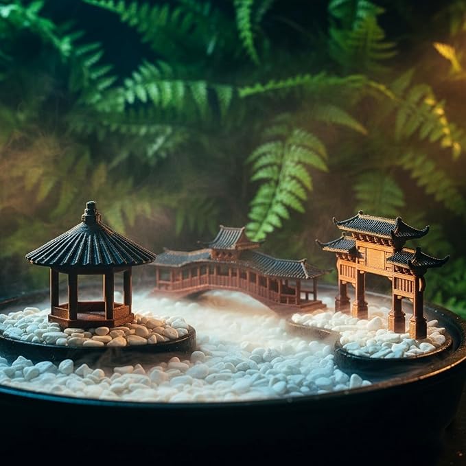 LOGOFUN 3PCS Mini Asian Garden Decor Miniature Pagoda Statue Mini Pavilion Ornament for Japanese Garden Accessory - Brown Black