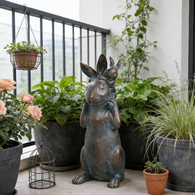 Rabbit Garden Statues Bunny Decorations - Easter Bunny Father with Baby Figurine Easter Gift Dark Gray Garden Spring Bunny Sulpture for Yard Framhouse Outdoor Décor 7*5.25*15.25 in Newman House Studio