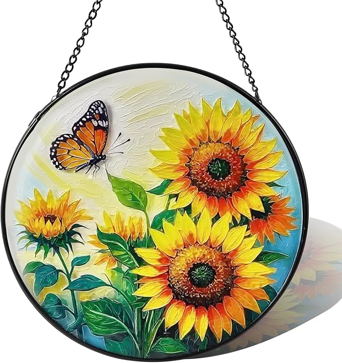 Sunflower Sun Catcher Stained Glass Window Hanging, 7.8" Suncatcher Glass Panel Window Decoration, Nature Lover Gift for Women, Wall Garden Art Decor, Gift for Birthday Christmas & Holidays