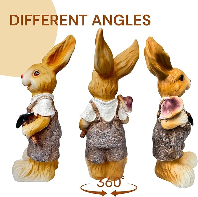 15 inch Resin Bunny Garden Statue, Labor Day Gardener Rabbit, Rabbit Topiary Sculpture for Yard, Patio, Lawn (Mushroom&Hoe)