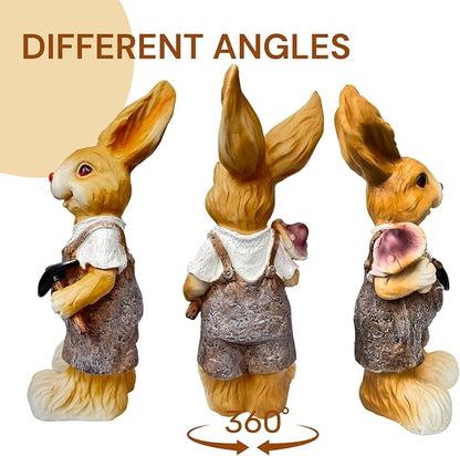 15 inch Resin Bunny Garden Statue, Labor Day Gardener Rabbit, Rabbit Topiary Sculpture for Yard, Patio, Lawn (Mushroom&Hoe)