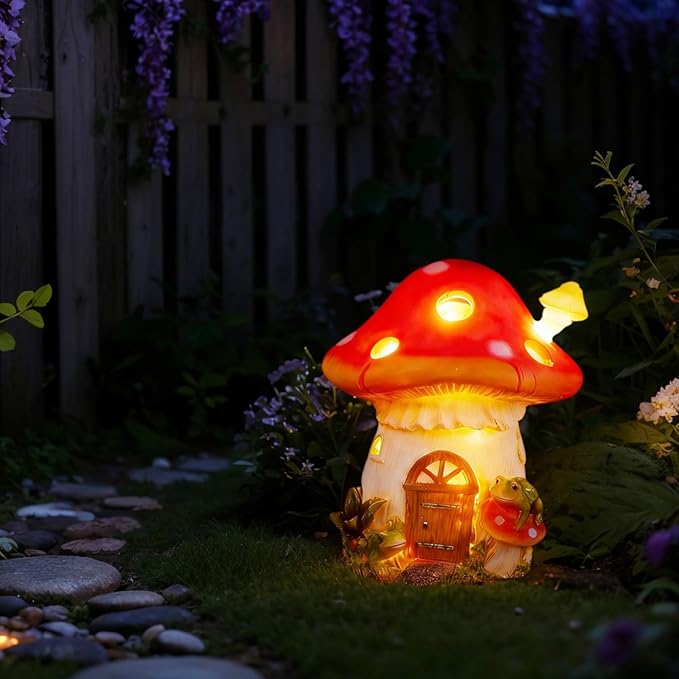 Mushroom Solar Lights Outdoor Decor：Fairy Garden House Outside Decorations Yard Art Resin Led Cute Statue Lawn Ornament Frog Figurines Gift for Housewarming Gardener Birthday