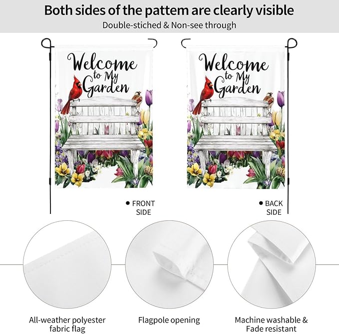 Bench with Flowers Garden Flags 12×18 Inch Welcome to My Garden Double Sided Decorative Yard Banner Seasonal Flag for Outdoor Outside Decor