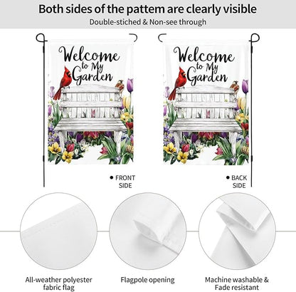 Bench with Flowers Garden Flags 12×18 Inch Welcome to My Garden Double Sided Decorative Yard Banner Seasonal Flag for Outdoor Outside Decor