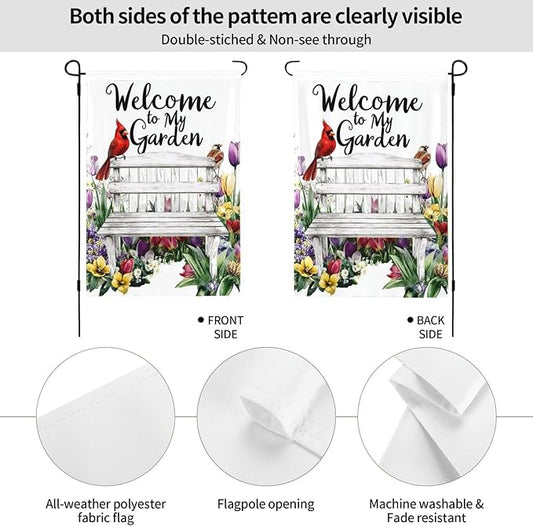 Bench with Flowers Garden Flags 12×18 Inch Welcome to My Garden Double Sided Decorative Yard Banner Seasonal Flag for Outdoor Outside Decor