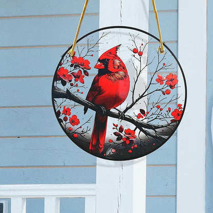 Red Cardinal Garden Suncatchers Outdoor, Cardinal on Branch Stained Glass Window Hanging for Kitchen Living Room, Birds Window Decor Birthday Gift for Mom Grandma 7.9"/20cm