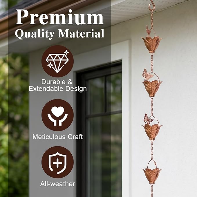 Metal Rain Chain Decoration 8.7FT., Rain Catcher Metal Chain Gutter Downspout 105'' for House Eaves, Garden & Home, Butterfly&Flowers Shape Rain Chains