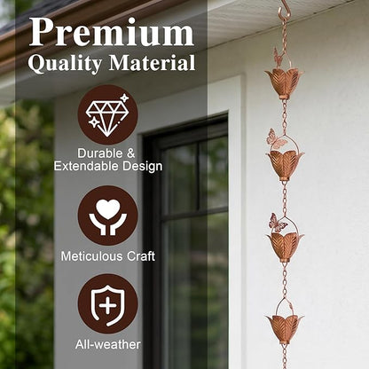 Topadorn Metal Rain Chain Decoration 8.7FT., Rain Catcher Metal Chain Gutter Downspout 105'' for House Eaves, Garden & Home, Butterfly&Flowers Shape Rain Chains