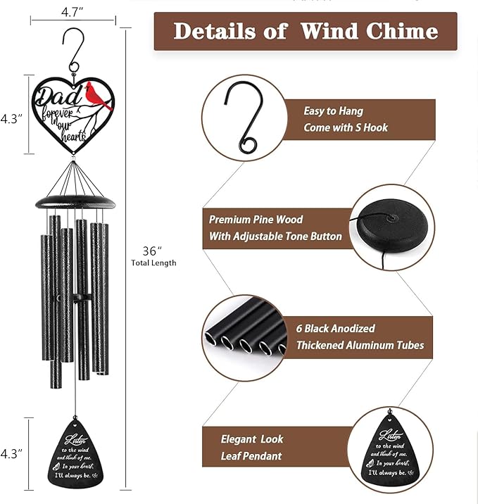 VENBEEL Sympathy Gifts for Loss of Dad, Memorial Wind Chimes for Loss of Father, Memorial Gifts for Loss of Father, Condolence Bereavement Gift in Memory of Papa, Black