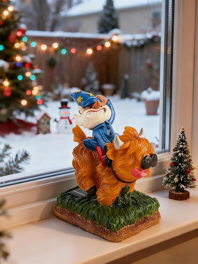Garden Gnome Statue - Garden Gnome Riding Highland Cow - 6.7 Inch Tall Lawn Figurine - for Outdoor or House Decor - Funny Yard & Patio Decoration