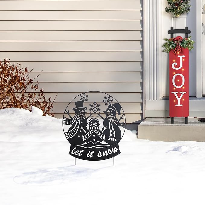 Glitzhome Christmas Metal Silhouette Snowman Family Waterglobe Yard Stake, 30 Inch Outdoor & Wall Decor with Lighted Scene, Holiday Lawn Art for Festive Home Decorations