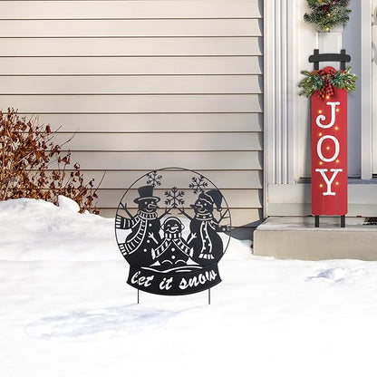 Glitzhome Christmas Metal Silhouette Snowman Family Waterglobe Yard Stake, 30 Inch Outdoor & Wall Decor with Lighted Scene, Holiday Lawn Art for Festive Home Decorations