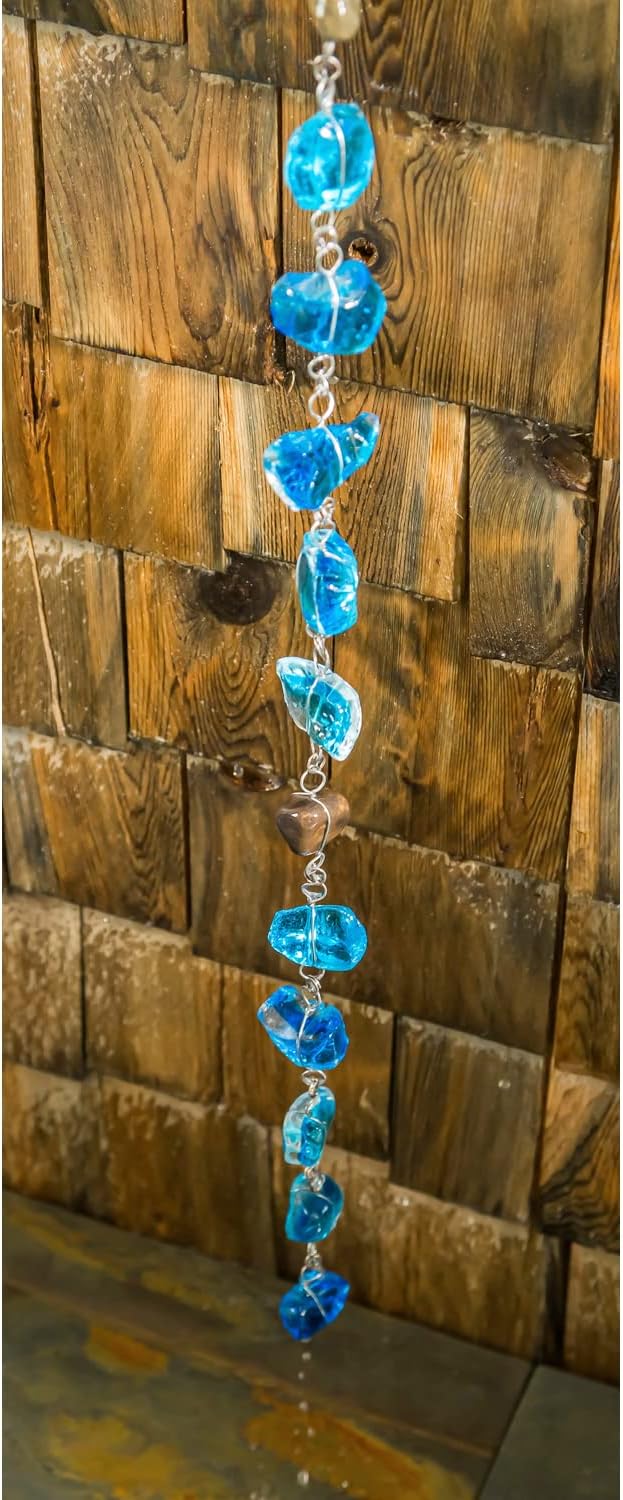Evergreen 6 Feet Long Blue Glass and Metal Rain Chains for Gutters | Rain Catcher Chain Replacement Downspout | Decorative Rain Chains for Outside Garden Balcony Porch