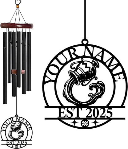 Personalized Customize Name 12 Zodiac Signs Wind Chime, Metal Iron 37 Inch Outdoor Memorial Gift for Garden Yard Patio Home Decor, Black (Aquarius)