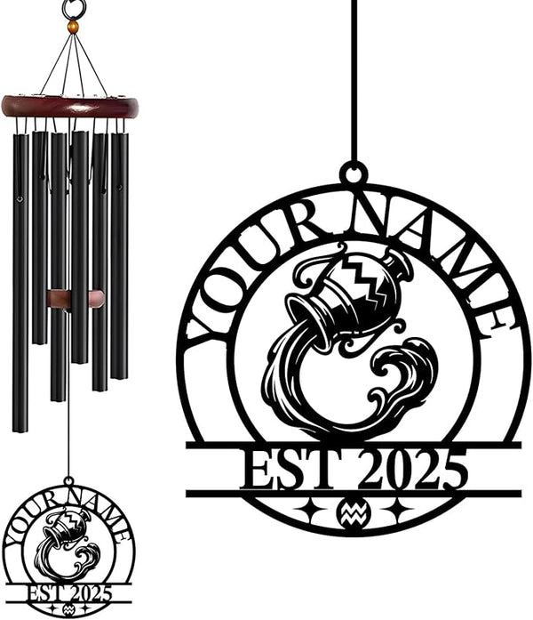Personalized Customize Name 12 Zodiac Signs Wind Chime, Metal Iron 37 Inch Outdoor Memorial Gift for Garden Yard Patio Home Decor, Black (Aquarius)