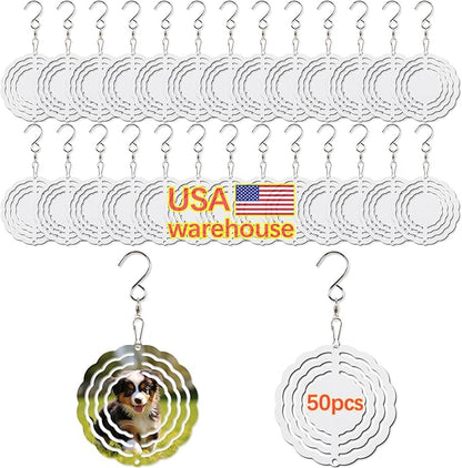50 Pcs Sublimation Wind Spinner Blanks Bulk USA Warehouse Aluminum Metal Wind Spinners Hanging Sublimation Ornaments for Heat Press Transfer Sublimation Blank Wind Spinners DIY Gift