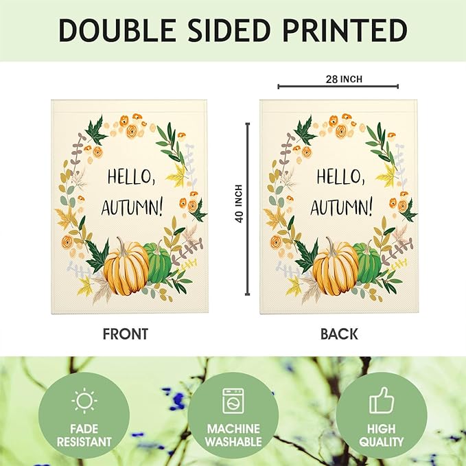 Mugod Hello Autumn Burlap House Flags for Outdoor, Fall Leaves Pumpkin Large Yard Flags 28 x 40 Double Sided Seasonal Decorative Flag for Farmhouse Holiday Decoration