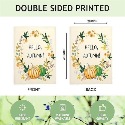 Mugod Hello Autumn Burlap House Flags for Outdoor, Fall Leaves Pumpkin Large Yard Flags 28 x 40 Double Sided Seasonal Decorative Flag for Farmhouse Holiday Decoration