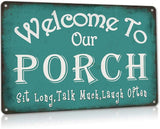 Welcome to Our Porch Sign Backyard Accessories Decor Outdoor, Vintage Metal Tin Signs Farmhouse Home Wall Decorations 8x12 Inches