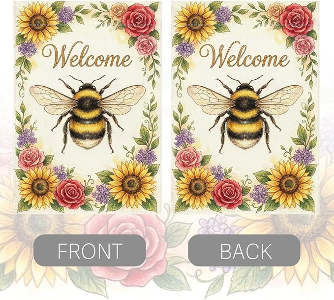 Welocome Spring Summer Bee Garden Flag Sun Flowers Floral Spring Garden Flag Decor Summer Double Sided House Flag for Outside Yard Decorations 12×18 Inch
