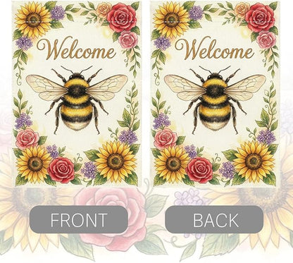 Welocome Spring Summer Bee Garden Flag Sun Flowers Floral Spring Garden Flag Decor Summer Double Sided House Flag for Outside Yard Decorations 12×18 Inch