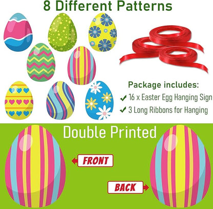 16 Pieces Easter Egg Outdoor Hanging Ornaments Easter Outdoor Decorations Happy Easter Hanging Porch & Tree Yard Lawn Decor - Double-Side Printed