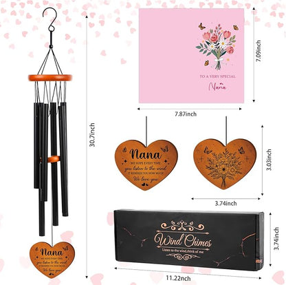 Grandma Gifts Wind Chimes for Outside - Metal Windchime with Wooden Pendant, Greeting Card & Black Box - Unique Birthday for Grandmother from Grandkids, Garden Hanging Decor