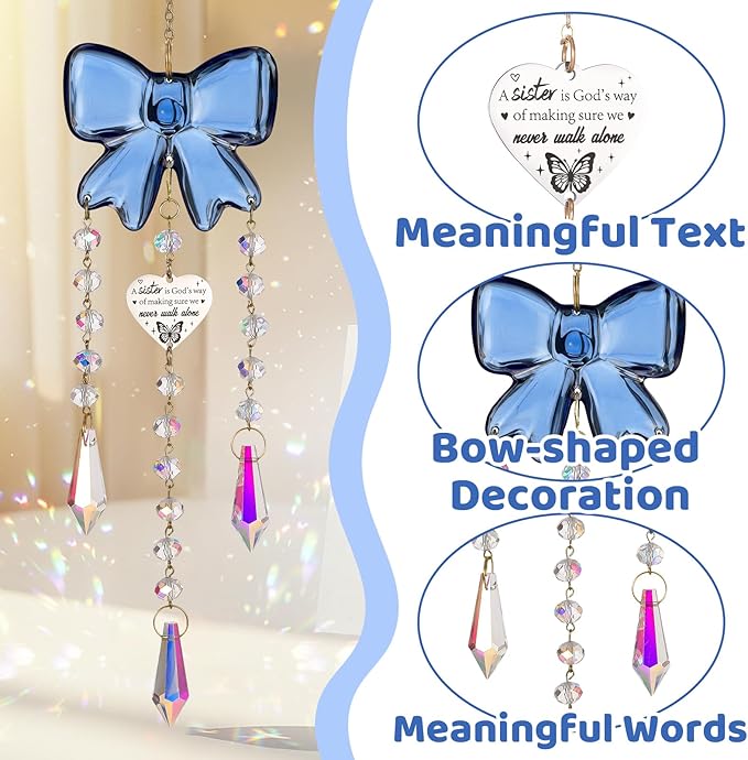 Crystal Sun Catchers Indoor Window,Bow Decor Sun Catcher for Sister Gifts with 3 Chains,Prism Rainbow Crystal Suncatcher for Hangings College Dorm Rooms Home Decoration Blue