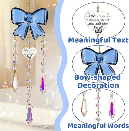 Crystal Sun Catchers Indoor Window,Bow Decor Sun Catcher for Sister Gifts with 3 Chains,Prism Rainbow Crystal Suncatcher for Hangings College Dorm Rooms Home Decoration Blue