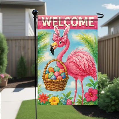 Spring Easter Garden Flag 12x18 Inch Flamingo Bunny Welcome Egg Basket Tropical Floral Design Outdoor Yard Porch Lawn Garden for Seasonal Farmhouse Home Decor