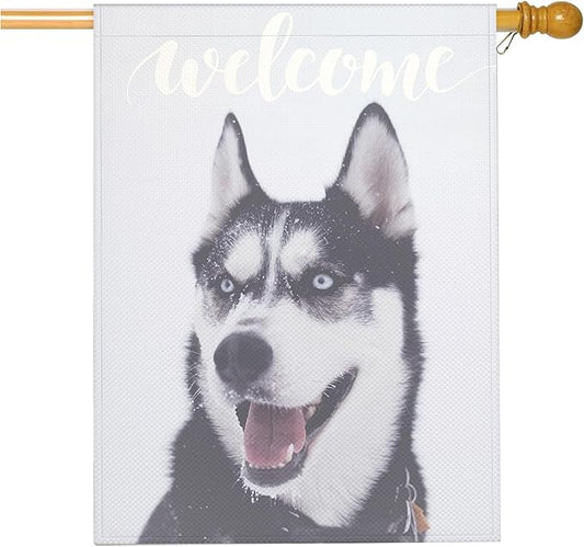Mugod Siberian Husky House Flag 28x40 Inch Double Sided Burlap, Welcome Dog Large Yard Flag for Outdoor Farmhouse Seasonal Decoration