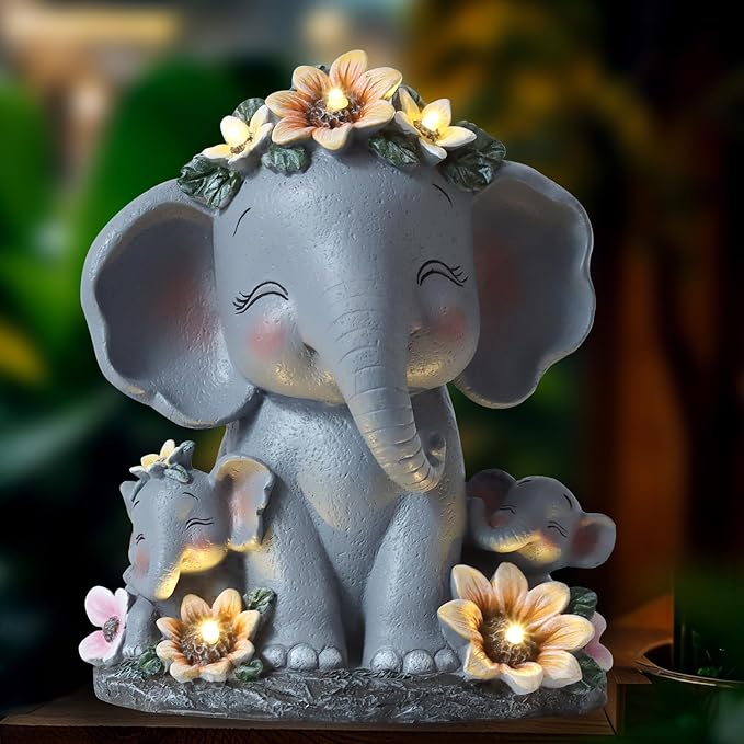 Spring Decorations Outdoor Easter Decor Gifts for Mom Women Elephant Solar Statues Patio Décor Grandma Sculptures for Lawn Balcony Yard House Warming Gifts New Home Mothers Day