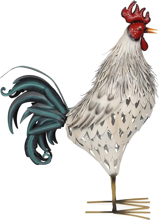 Alpine Corporation 28" Tall Outdoor Metal Feathered Rooster Statue with Vibrant Design, Garden Decor, White/Black