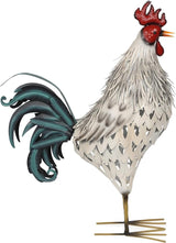 Alpine Corporation 28" Tall Outdoor Metal Feathered Rooster Statue with Vibrant Design, Garden Decor, White/Black