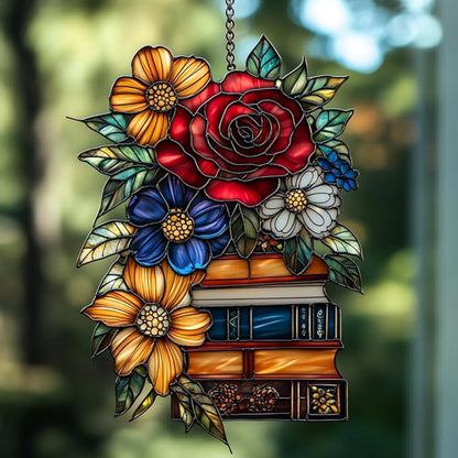 Floral Books Stack Acrylic Suncatcher Stained Glass Effect Window Car Hanging Christmas Ornament Indoor Outdoor Decor Garden Sun Catcher Panel for Book Lover for Women Mom Grandma
