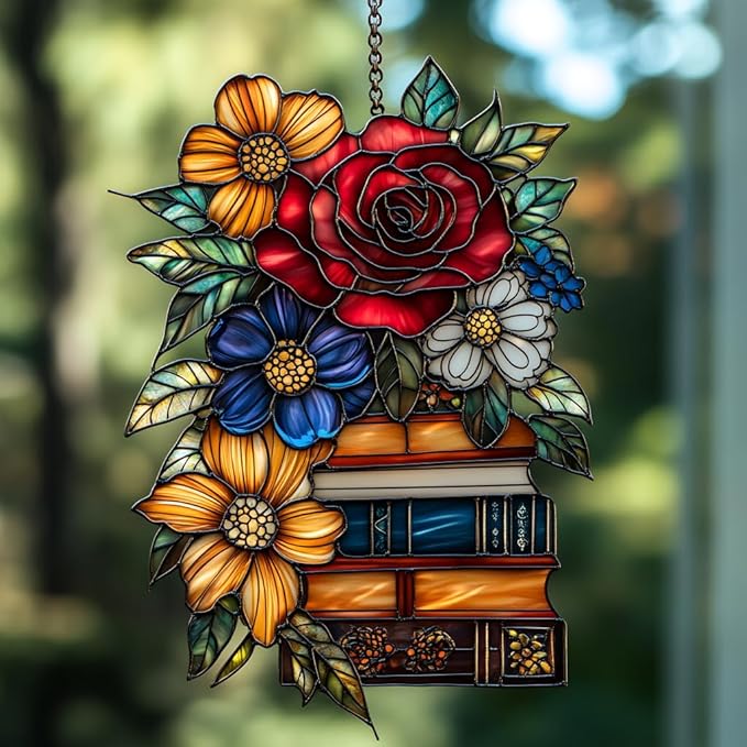 Floral Books Stack Acrylic Suncatcher Stained Glass Effect Window Car Hanging Christmas Ornament Indoor Outdoor Decor Garden Sun Catcher Panel for Book Lover for Women Mom Grandma
