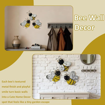 3 Pcs Metal Bee Wall Decor, Cute Insect-Themed Wall Art, Rustic Home & Garden Decor for Living Rooms, Offices, Outdoor Spaces (Bee)