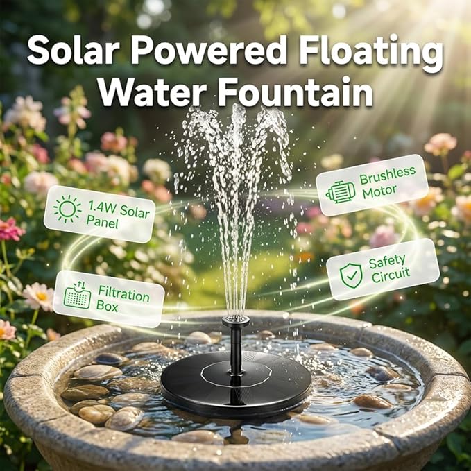 Solar Fountain for Bird Bath, 2026 New Floating Mini Solar Water Fountain with 6 Nozzles, Solar Birdbath Fountain for Garden, Pond, Pool, and Outdoor (1, 5.1in)