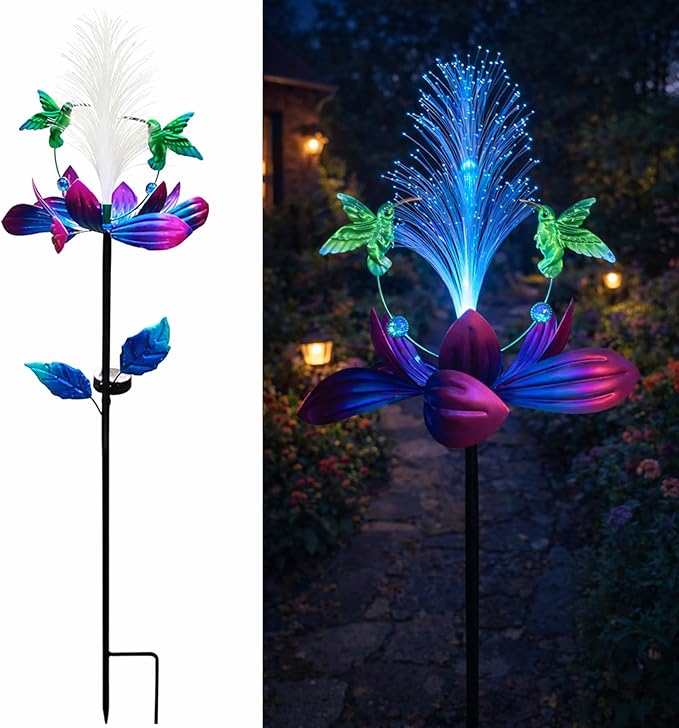 Solar Hummingbird Wind Spinner Outdoor 49 Inch Lotus Flower Metal Garden Windmill for Yard and Color Changing Fiber Optic Solar Yard Art Kinetic Wind Spinner Gift for Women Mother's Day Garden Gift