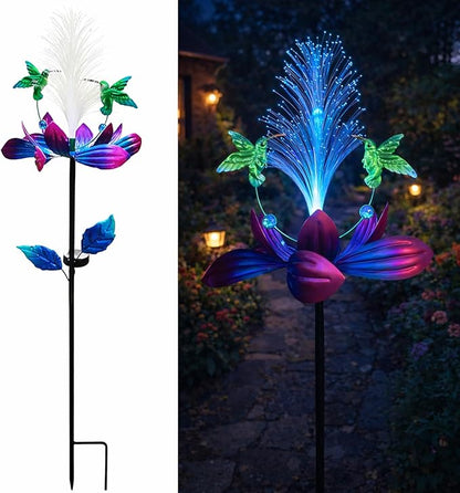 Solar Hummingbird Wind Spinner Outdoor 49 Inch Lotus Flower Metal Garden Windmill for Yard and Color Changing Fiber Optic Solar Yard Art Kinetic Wind Spinner Gift for Women Mother's Day Garden Gift
