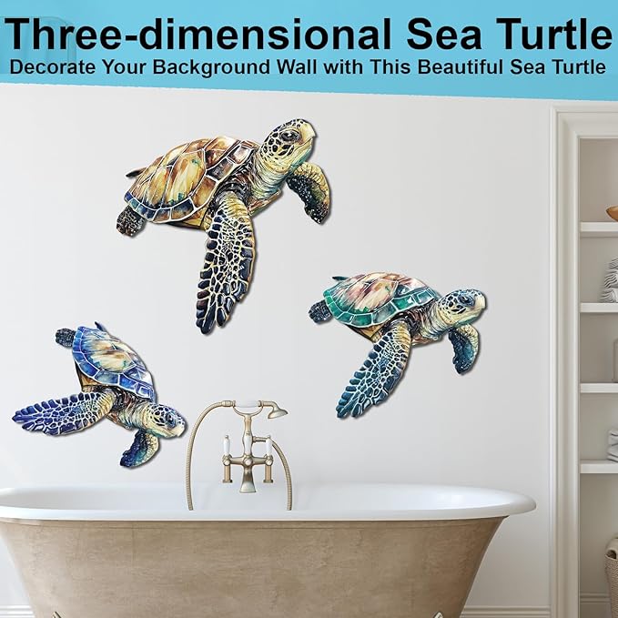 Metal Turtle Wall Decor Outdoor Turtle Coastal Ocean Sea Wall Art Sculptures Hanging Decorations for Bedroom, Living Room, Garden, Fence, Patio Set of 3