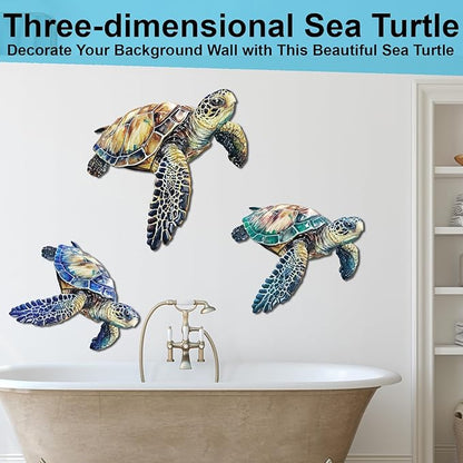 Metal Turtle Wall Decor Outdoor Turtle Coastal Ocean Sea Wall Art Sculptures Hanging Decorations for Bedroom, Living Room, Garden, Fence, Patio Set of 3