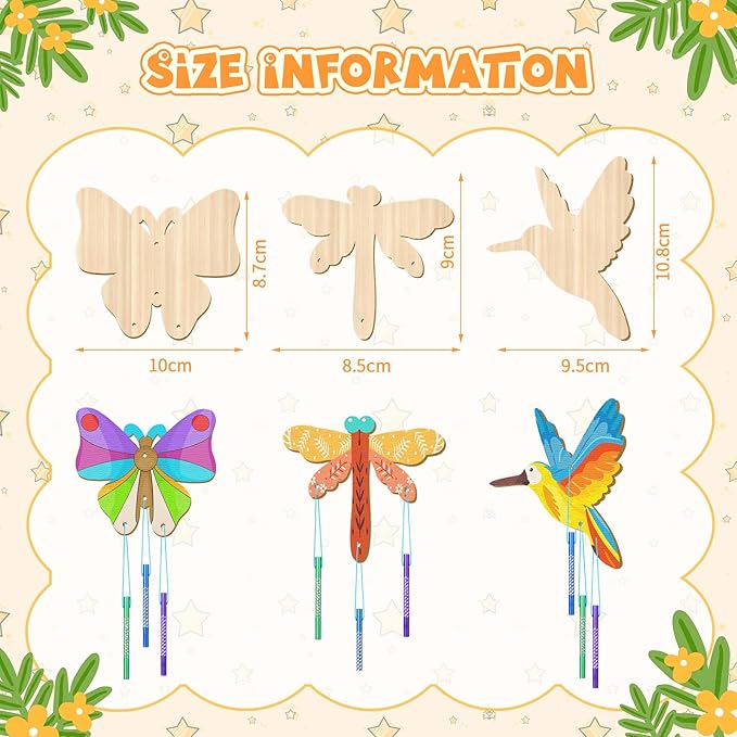 Leinuosen 30 Pcs Wind Chime Kit Hummingbird Wooden Wind Chimes Decorative Butterfly Windchimes Hanging Dragonfly DIY Crafts for Indoor Outdoor Garden Home Patio Party Crafts Decorations