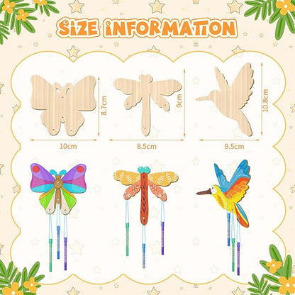 Leinuosen 30 Pcs Wind Chime Kit Hummingbird Wooden Wind Chimes Decorative Butterfly Windchimes Hanging Dragonfly DIY Crafts for Indoor Outdoor Garden Home Patio Party Crafts Decorations