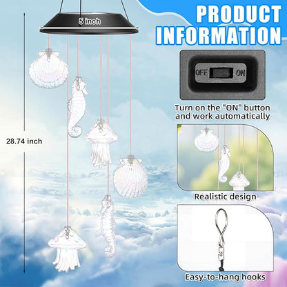 VIHOSE Solar Wind Chimes Lights Outdoor, Color Changing Hanging Solar Wind Chime, Seashell Starfish Mobile LED Lights for Outside Garden Yard Patio Decor, Waterproof