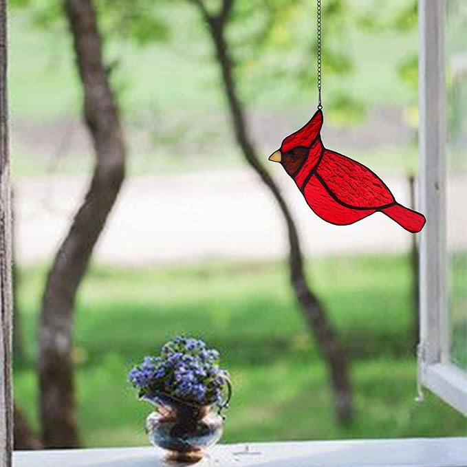 BOXCASA Red Cardinal Suncatcher for Window, Handmade Stained Glass Hanging, Memorial Gift for Loss of Loved One, Bird Decor for Women Mom Grandma Nana